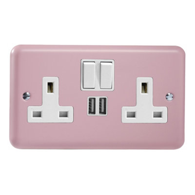 Varilight 2-Gang 13A Single Pole Switched Socket + 2x5V DC 2100mA USB Charging Ports  Rose Pink