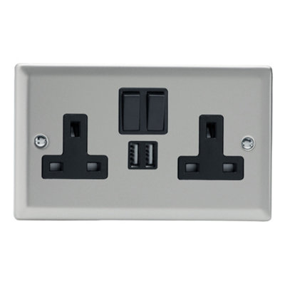 Varilight 2-Gang 13A Single Pole Switched Socket + 2x5V DC 2100mA USB Charging Ports  Satin