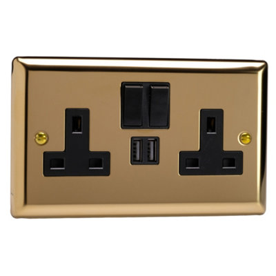 Varilight 2-Gang 13A Single Pole Switched Socket + 2x5V DC 2100mA USB Charging Ports  Victorian Brass