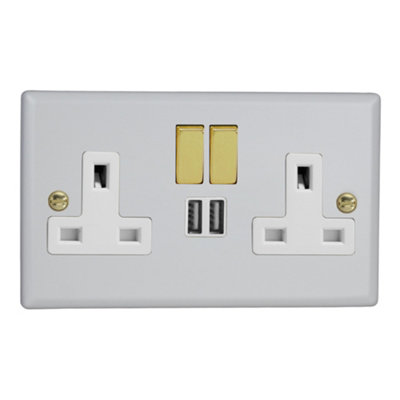 Varilight 2-Gang 13A Single Pole Switched Socket + 2x5V DC 2100mA USB Charging Ports  Vogue Matt White