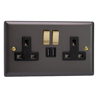 Varilight 2-Gang 13A Single Pole Switched Socket + 2x5V DC 2100mA USB Charging Ports  Vogue Slate Grey