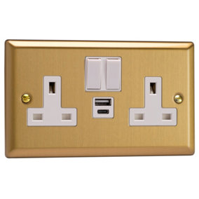 Varilight 2-Gang 13A Single Pole Switched Socket with 1x USB A & 1x USB C Charging Ports Brushed Brass