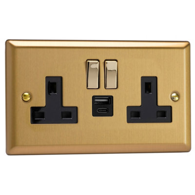 Varilight 2-Gang 13A Single Pole Switched Socket with 1x USB A & 1x USB C Charging Ports Brushed Brass