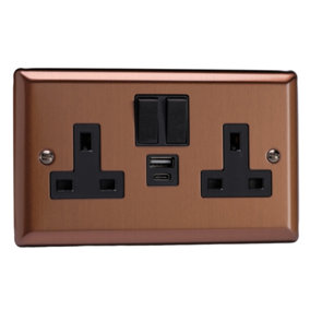 Varilight 2-Gang 13A Single Pole Switched Socket with 1x USB A & 1x USB C Charging Ports Brushed Bronze