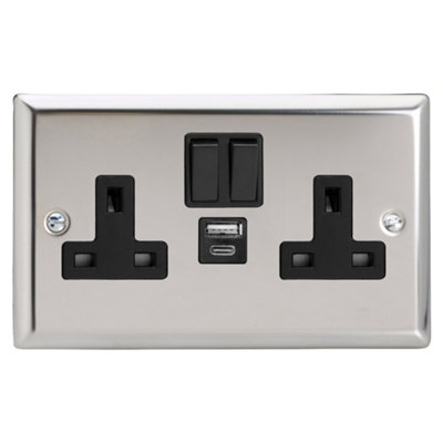 Varilight 2-Gang 13A Single Pole Switched Socket with 1x USB A & 1x USB ...