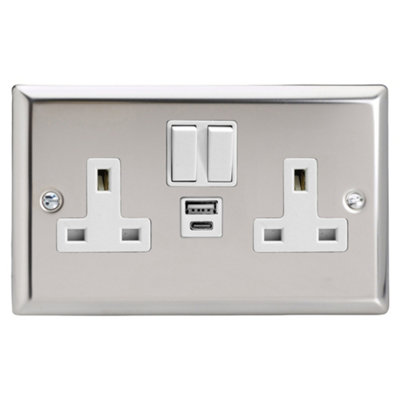 Varilight 2-Gang 13A Single Pole Switched Socket with 1x USB A & 1x USB ...