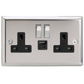 Varilight 2-Gang 13A Single Pole Switched Socket with 1x USB A & 1x USB C Charging Ports Chrome