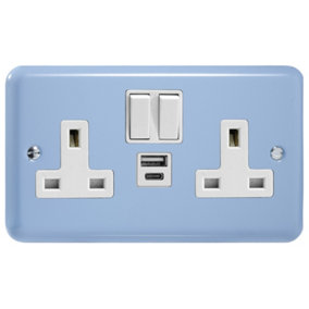 Varilight 2-Gang 13A Single Pole Switched Socket with 1x USB A & 1x USB C Charging Ports Duck Egg Blue