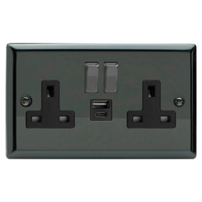 Varilight 2-Gang 13A Single Pole Switched Socket with 1x USB A & 1x USB C Charging Ports Iridium