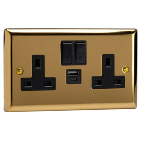 Varilight 2-Gang 13A Single Pole Switched Socket with 1x USB A & 1x USB C Charging Ports Polished Brass