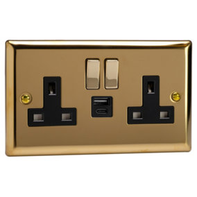 Varilight 2-Gang 13A Single Pole Switched Socket with 1x USB A & 1x USB C Charging Ports Polished Brass