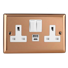 Varilight 2-Gang 13A Single Pole Switched Socket with 1x USB A & 1x USB C Charging Ports Polished Copper