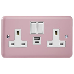 Varilight 2-Gang 13A Single Pole Switched Socket with 1x USB A & 1x USB C Charging Ports Rose Pink