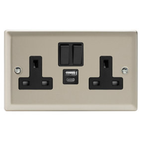 Varilight 2-Gang 13A Single Pole Switched Socket with 1x USB A & 1x USB C Charging Ports Satin