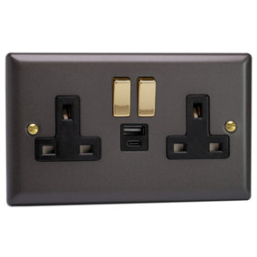 Varilight 2-Gang 13A Single Pole Switched Socket with 1x USB A & 1x USB C Charging Ports Vogue Slate Grey