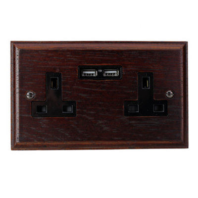 Varilight 2 Gang 13A Socket with USB Charging Ports Dark Oak