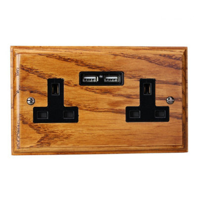 Varilight 2 Gang 13A Socket with USB Charging Ports  Medium Oak