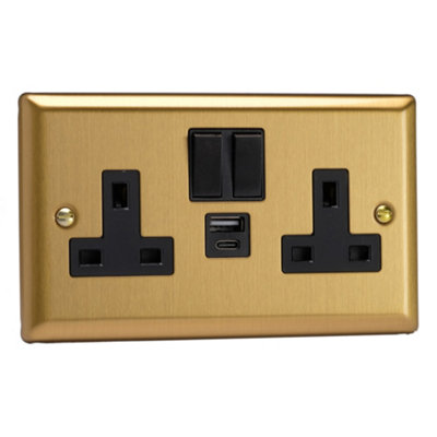 Varilight 2-Gang 13A Switched Socket & USB A+C Brushed Brass
