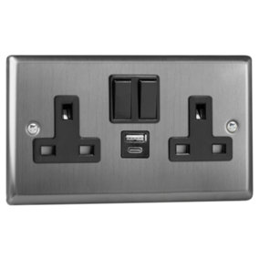 Varilight 2-Gang 13A Switched Socket & USB A+C Brushed Steel