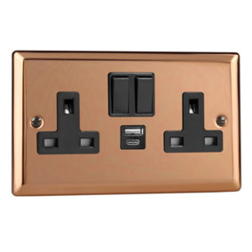 Varilight 2-Gang 13A Switched Socket & USB A+C Polished Copper