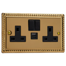 Varilight 2-Gang 13A Switched Socket & USB A+C Rope-Edge Brass
