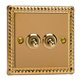 Varilight 2-Gang 2-Way 10A Toggle Switch Rope-Edge Brass