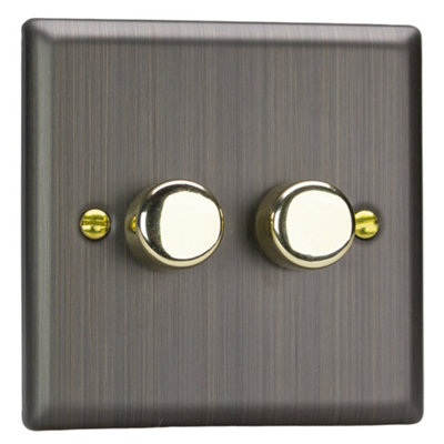 Varilight 2-Gang 2-Way V-Pro Push On/Off Rotary LED Dimmer 2 x 0-120W Antique Brass