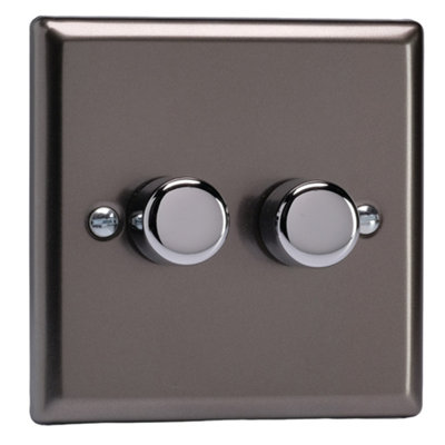 Varilight 2-Gang 2-Way V-Pro Push On/Off Rotary LED Dimmer 2 x 0-120W Pewter