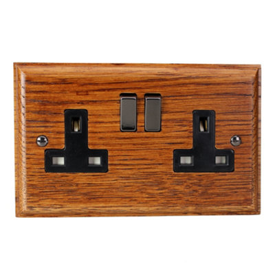 Varilight 2 Gang Double Pole 13A Switched Socket Medium Oak