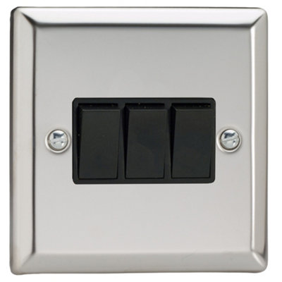 Varilight 3-Gang 10A 1- or 2-Way Rocker Switch Chrome