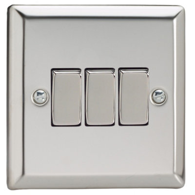 Varilight 3-Gang 10A 1- or 2-Way Rocker Switch Chrome