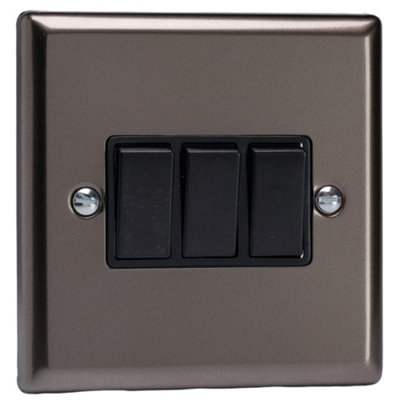 Varilight 3-Gang 10A 1- or 2-Way Rocker Switch Pewter