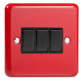 Varilight 3-Gang 10A 1- or 2-Way Rocker Switch Pillar Box Red