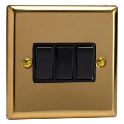 Varilight 3-Gang 10A 1- or 2-Way Rocker Switch Polished Brass