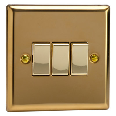 Varilight 3-Gang 10A 1- or 2-Way Rocker Switch Polished Brass