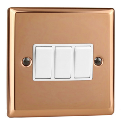 Varilight 3-Gang 10A 1- or 2-Way Rocker Switch Polished Copper