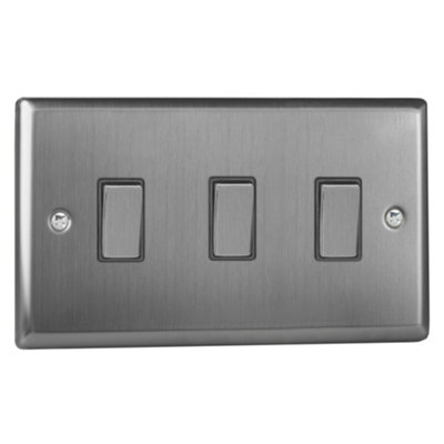 Varilight 3-Gang 10A 1- or 2-Way Rocker Switch (Twin Plate) Brushed Steel