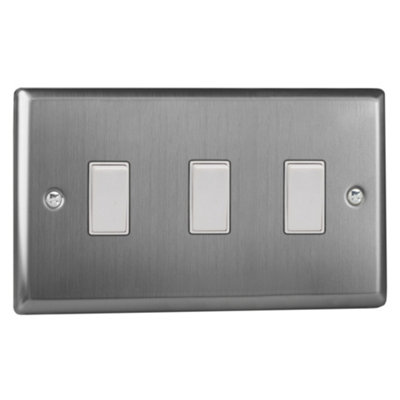 Varilight 3-Gang 10A 1- or 2-Way Rocker Switch (Twin Plate) Brushed Steel