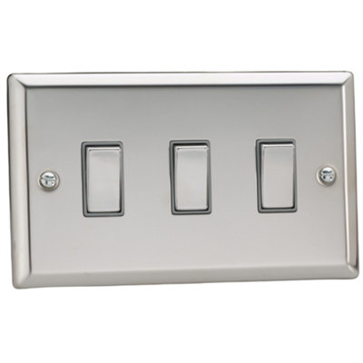 Varilight 3-Gang 10A 1- or 2-Way Rocker Switch (Twin Plate) Chrome