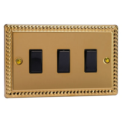 Varilight 3-Gang 10A 1- or 2-Way Rocker Switch (Twin Plate) Rope-Edge Brass