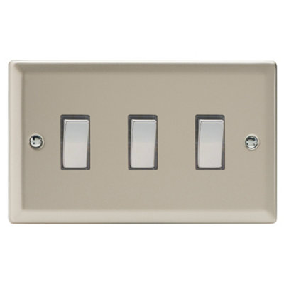 Varilight 3-Gang 10A 1- or 2-Way Rocker Switch (Twin Plate) Satin