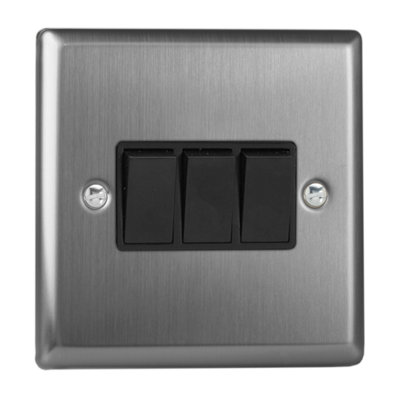 Varilight 3Gang 2Way 10A Rocker Switch Brushed Steel DIY at B&Q
