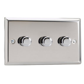 Varilight 3-Gang 2-Way V-Pro Push On/Off Rotary LED Dimmer 3 x 0-120W (Twin Plate) Chrome