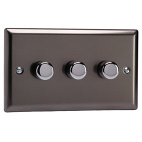 Varilight 3-Gang 2-Way V-Pro Push On/Off Rotary LED Dimmer 3 x 0-120W (Twin Plate) Pewter