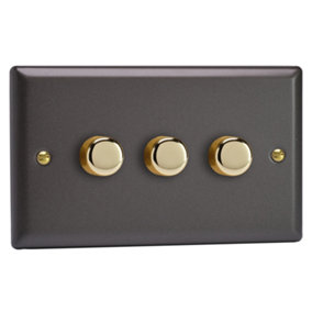 Varilight 3-Gang 2-Way V-Pro Push On/Off Rotary LED Dimmer 3 x 0-120W (Twin Plate) Vogue Slate Grey