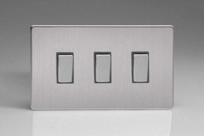 Varilight 3-Gang Rocker Light Switch Screwless 1/2-Way 10A Twin Brushed Steel 3-Gang 10A 1- or 2-Way Rocker Switch (Twin Plate)