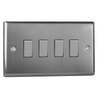 Varilight 4-Gang 10A 1- or 2-Way Rocker Switch (Twin Plate) Brushed Steel