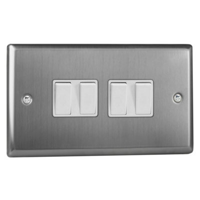 Varilight 4-Gang 10A 1- or 2-Way Rocker Switch (Twin Plate) Brushed Steel