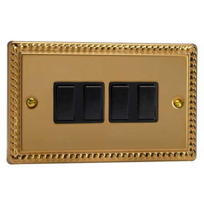 Varilight 4-Gang 10A 1- or 2-Way Rocker Switch (Twin Plate) Rope-Edge Brass