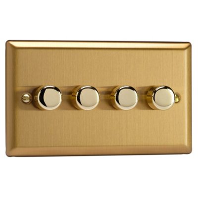 Varilight 4-Gang 2-Way V-Pro Push On/Off Rotary LED Dimmer 4 x 0-120W (Twin Plate) Brushed Brass